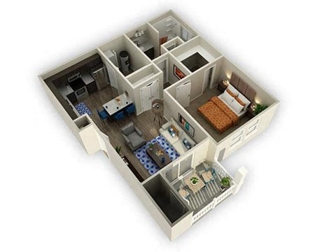 Floor plan for 1 bed, 1 bath, 729 sqft