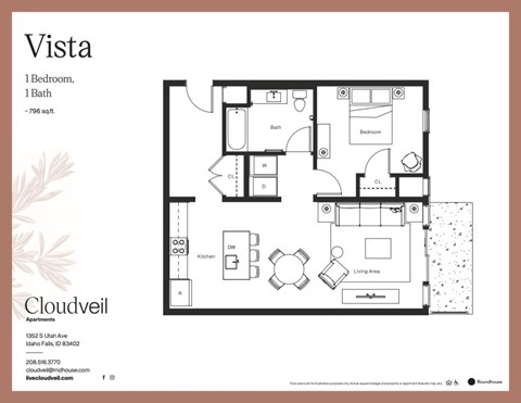 Floor plan for 1 bed, 1 bath, 796 sqft