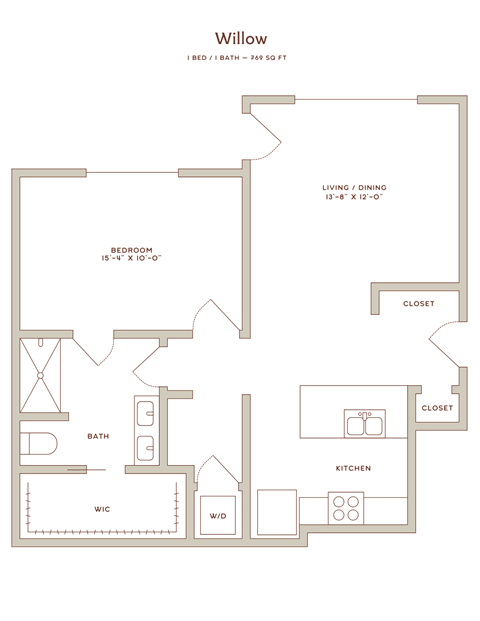 Floor plan for 1 bed, 1 bath, 769 sqft