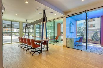 Coworking lounge with private offices and conference rooms