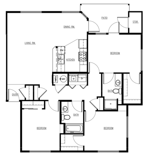 Floor plan for 3 beds, 2 baths, 1282 sqft
