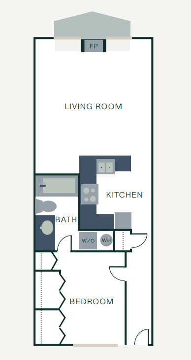 Floor plan for 1 bed, 1 bath, 715 sqft