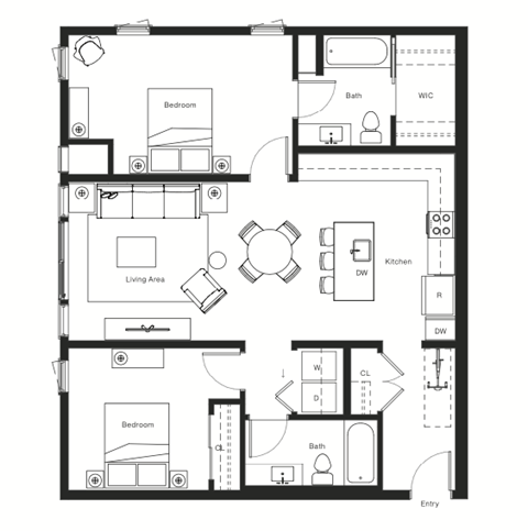 Floor plan for 2 beds, 2 baths, 1015 sqft