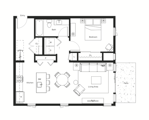 Floor plan for 1 bed, 1 bath, 745 sqft