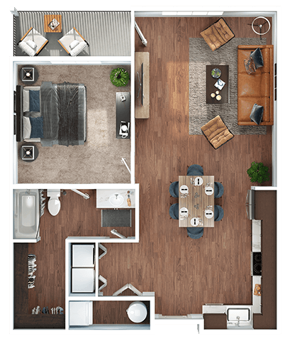 Floor plan for 1 bed, 1 bath, 821 sqft
