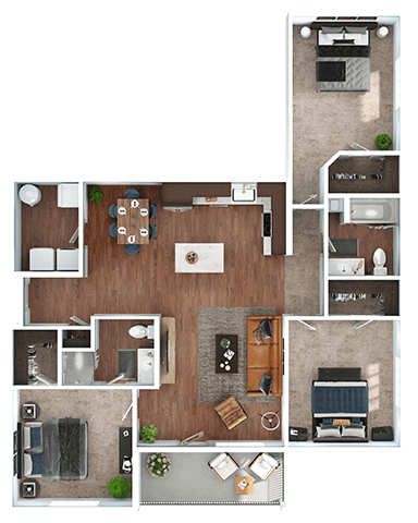 Floor plan for 3 beds, 2 baths, 1370 sqft