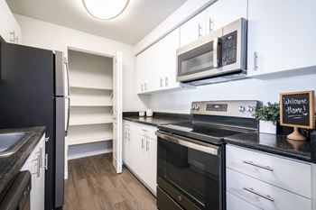 White kitchen with pantry storage and black countertops