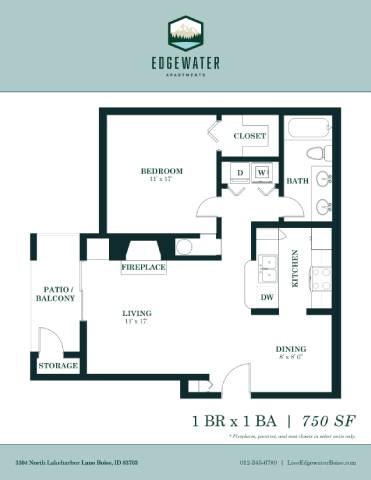 Floor plan for 1 bed, 1 bath, 750 sqft
