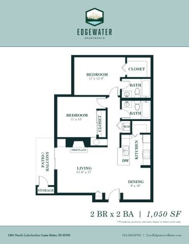 Floor plan for 2 beds, 2 baths, 1050 sqft