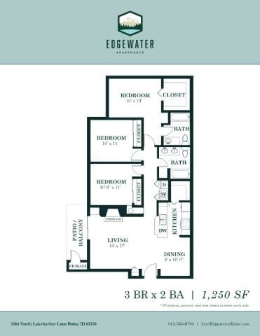 Floor plan for 3 beds, 2 baths, 1250 sqft