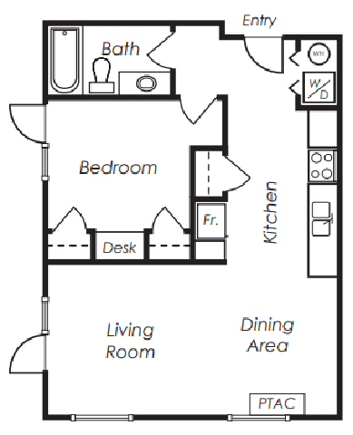 Floor plan for 1 bed, 1 bath, 756 sqft