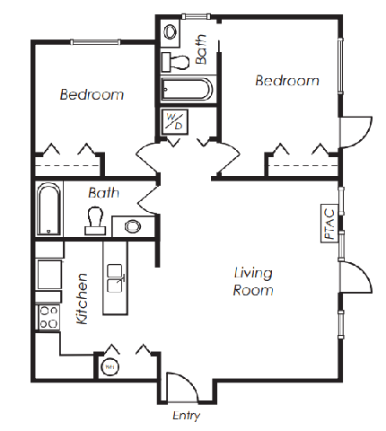 Floor plan for 2 beds, 2 baths, 1053 sqft