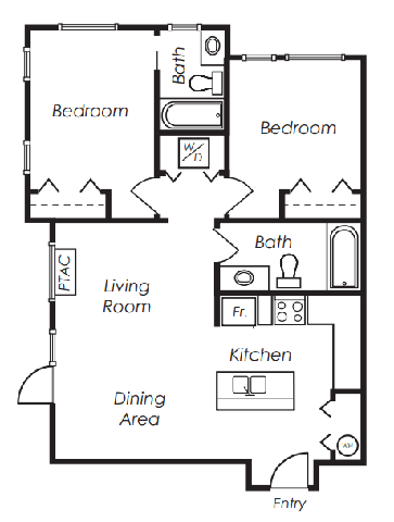 Floor plan for 2 beds, 2 baths, 945 sqft