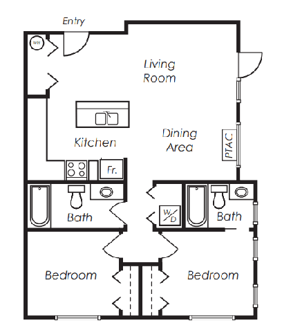 Floor plan for 2 beds, 2 baths, 954 sqft