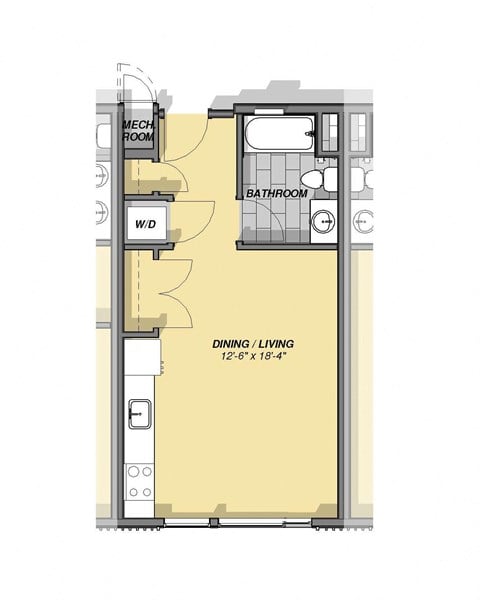 Floor plan for studio, 1 bath, 444 sqft