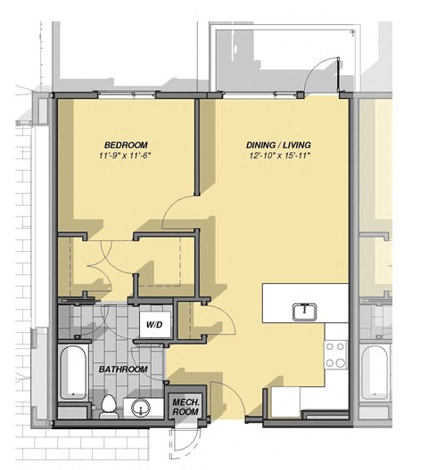 Floor plan for 1 bed, 1 bath, 741 sqft