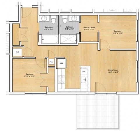 Floor plan for 2 beds, 2 baths, 1009 sqft
