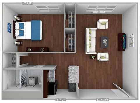 Floor plan for 1 bed, 1 bath, 503 sqft