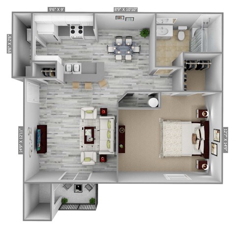 Floor plan for 1 bed, 1 bath, 767 sqft