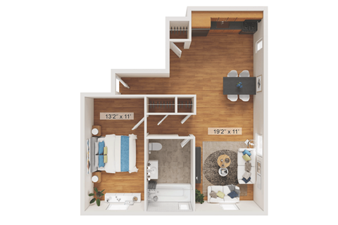 Floor plan for 1 bed, 1 bath, 580 sqft