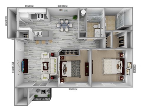 Floor plan for 2 beds, 2 baths, 954 sqft