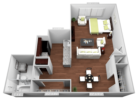 Floor plan for studio, 1 bath, 480 sqft
