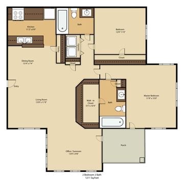 Chapel Hill apartment for rent - A floor plan of a house with a living room, dining room, kitchen, two bathrooms, two bedrooms, and a porch.