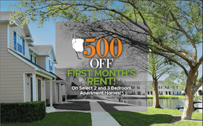 Rocklin apartment for rent - a sign that says 500 off first months rent on select 2 and 3 bedroom apartment homes