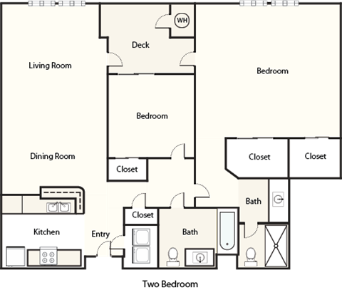 Floor plan for 2 beds, 2 baths, 1050 sqft