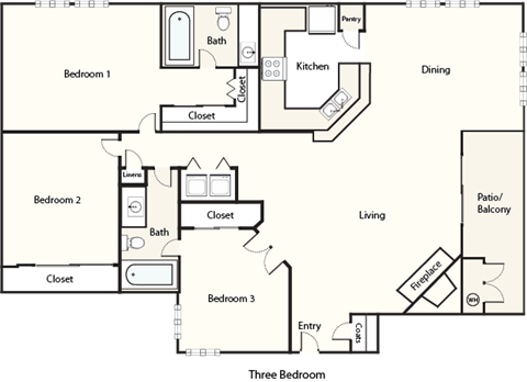 Floor plan for 3 beds, 2 baths, 1050 sqft