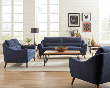Boynton Beach apartment for rent - A living room with a blue couch and chairs.