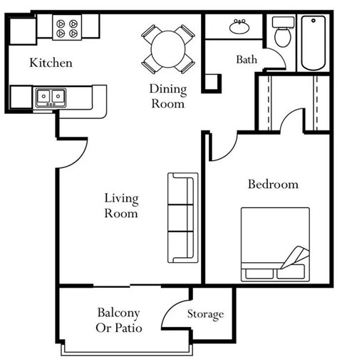 Floor plan for 1 bed, 1 bath, 730 sqft