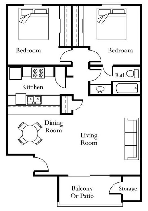 Floor plan for 2 beds, 1 bath, 870 sqft