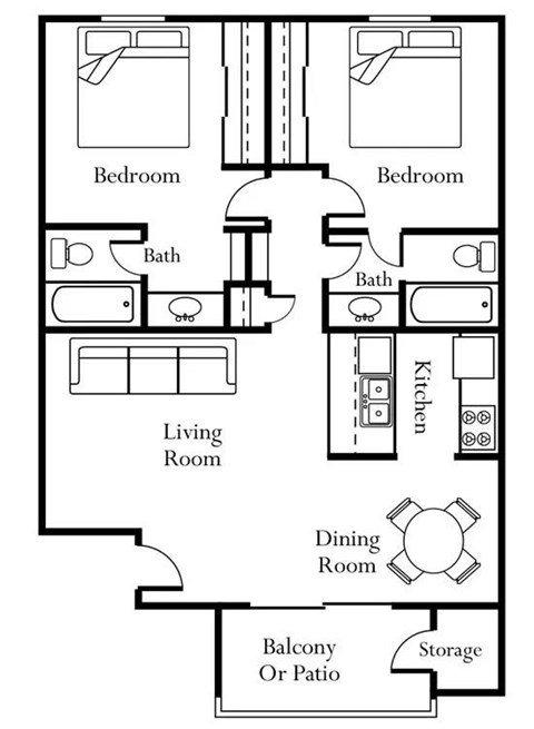 Floor plan for 2 beds, 2 baths, 880 sqft