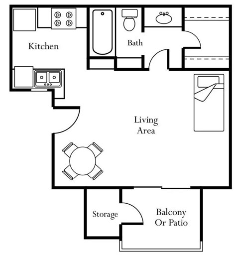 Floor plan for studio, 1 bath, 430 sqft