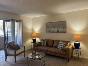 Cave Creek apartment for rent - A living room with a brown couch, a chair, a coffee table, and two lamps.