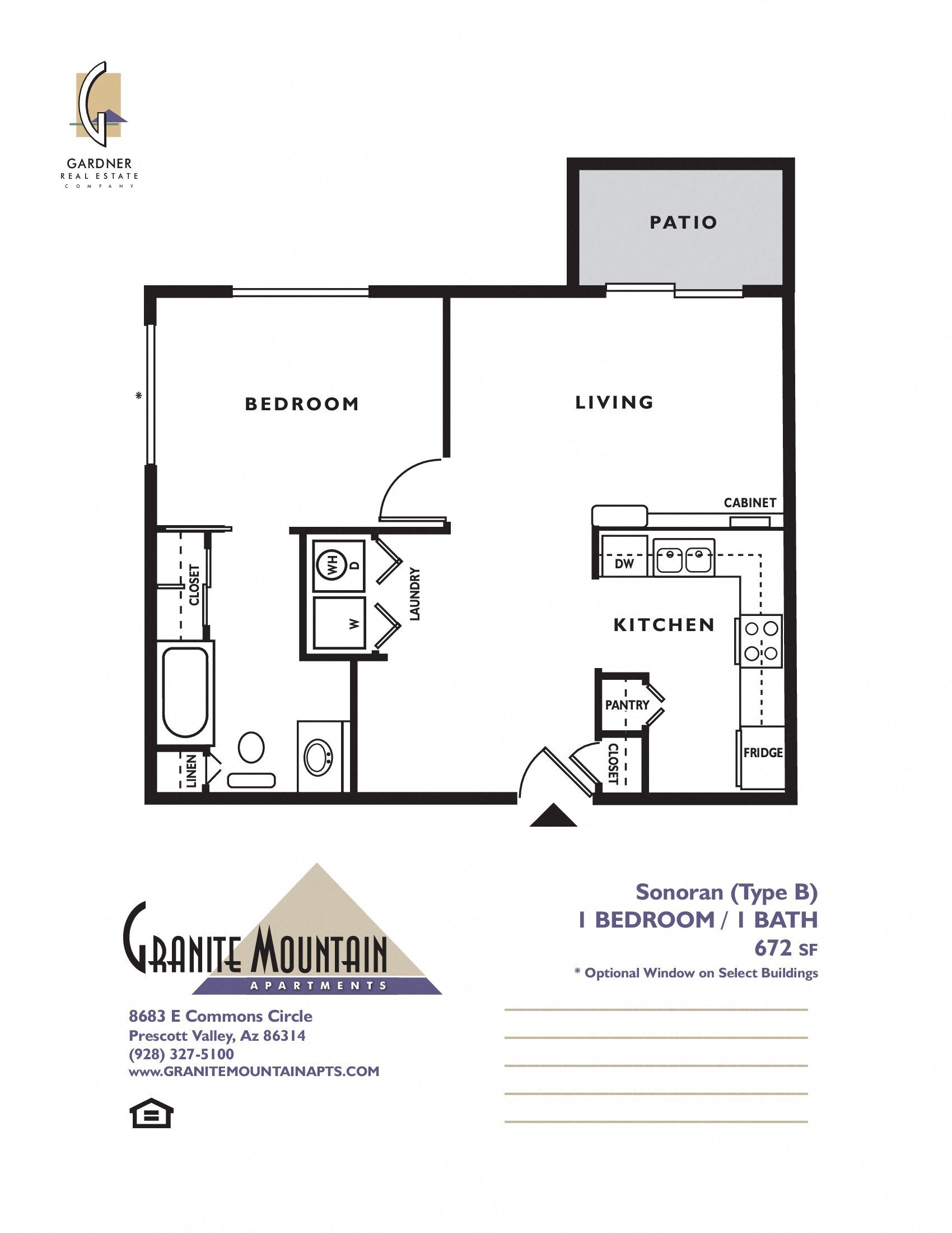 Floor plan for 1 bed, 1 bath, 707 sqft