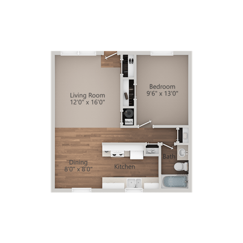 Floor plan for 1 bed, 1 bath, 605 sqft