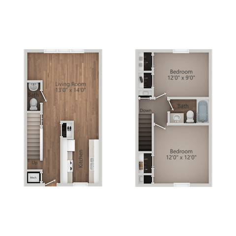 Floor plan for 2 beds, 1.5 baths, 827 sqft