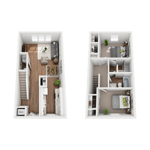 Floor plan for 2 beds, 2.5 baths, 877 sqft