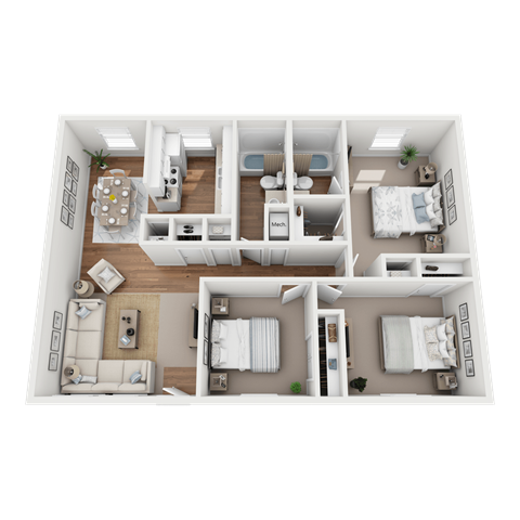 Floor plan for 3 beds, 2 baths, 1018 sqft
