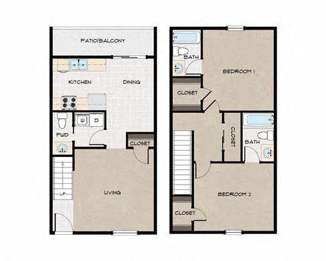 Floor plan for 2 beds, 2.5 baths, 1100 sqft