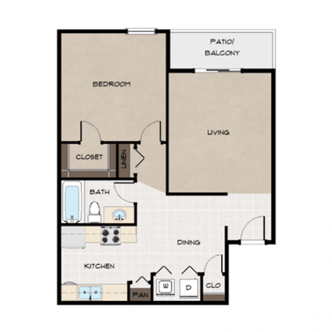 Floor plan for 1 bed, 1 bath, 725 sqft