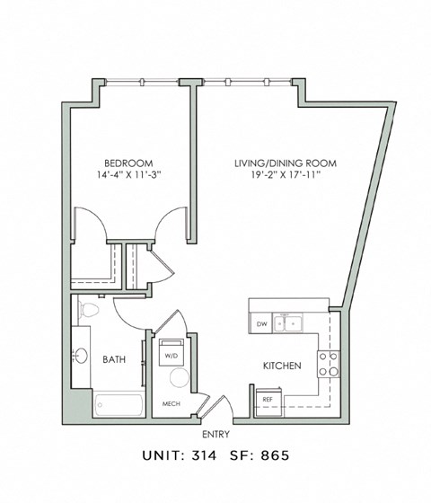 Floor plan for 1 bed, 1 bath, 865 sqft