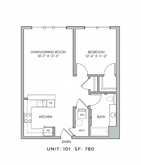 Floor plan for 1 bed, 1 bath, 780 sqft