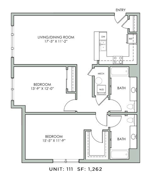Floor plan for 2 beds, 2 baths, 1262 sqft