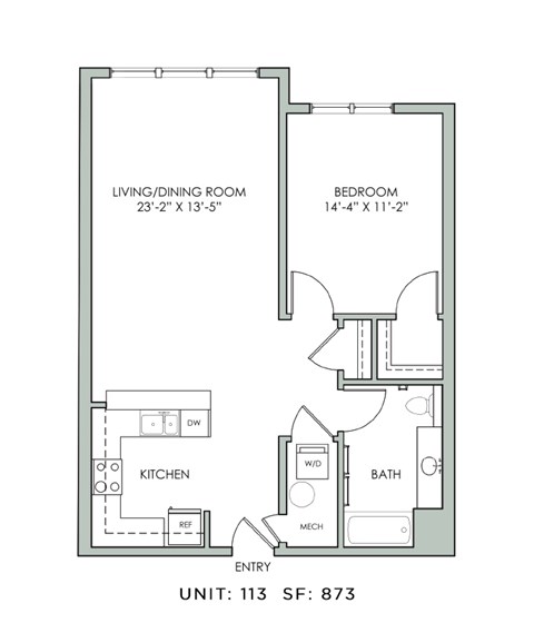 Floor plan for 1 bed, 1 bath, 873 sqft