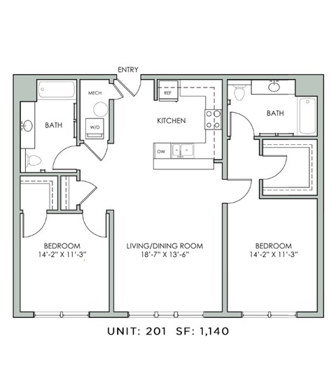 Floor plan for 2 beds, 2 baths, 1140 sqft