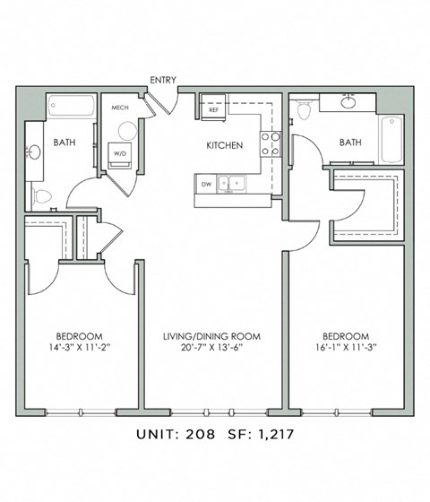 Floor plan for 2 beds, 2 baths, 1217 sqft