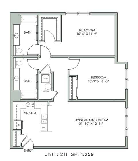 Floor plan for 2 beds, 2 baths, 1259 sqft